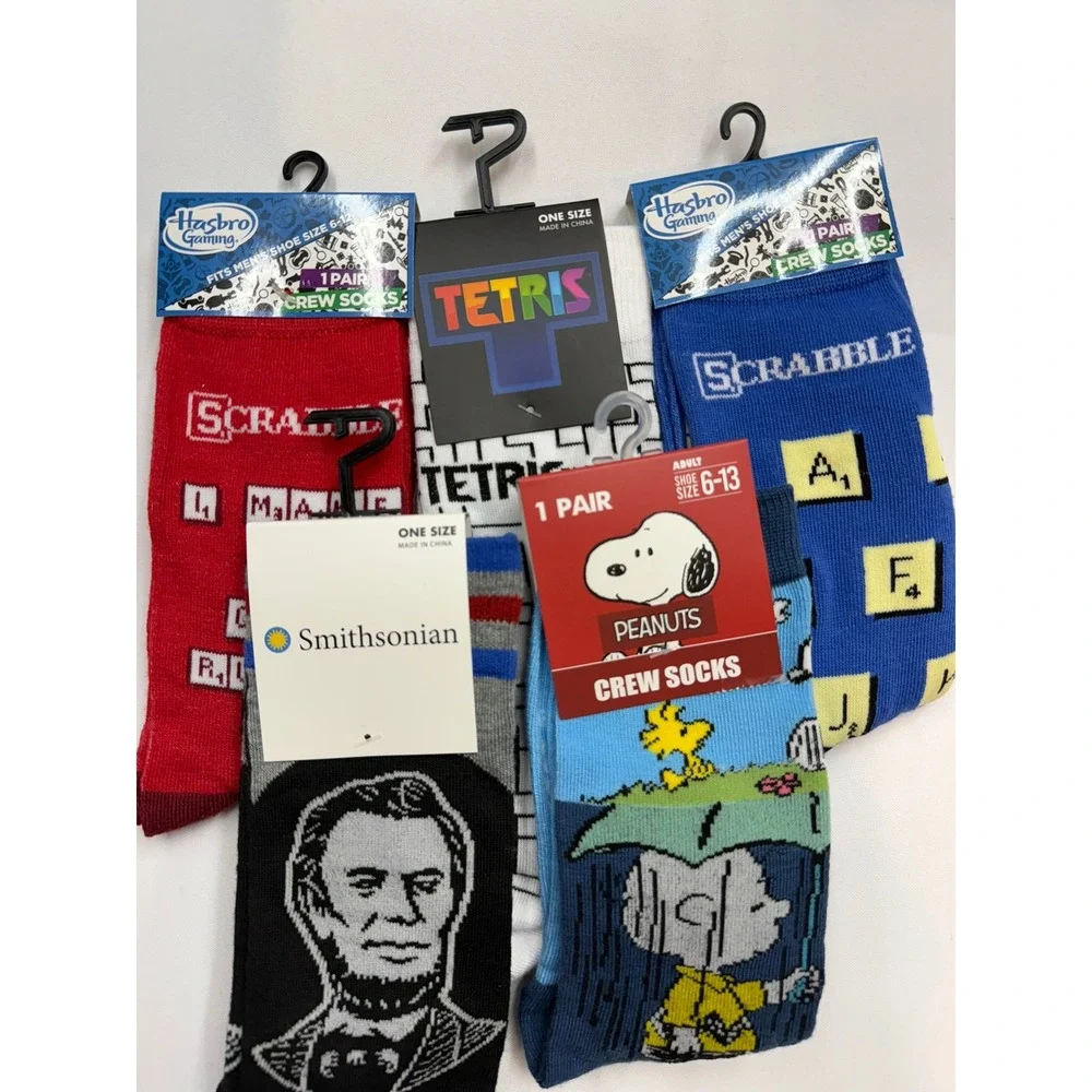 MISC Adult Unisex 5pc Crew Sock Bundle Lincoln Snoopy Scrabble Tetris CC12